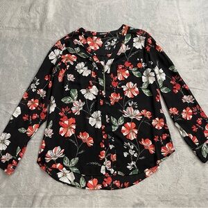 Express Blouse Large Womens 1/4 Zip Semi-sheer Floral Black Career Office